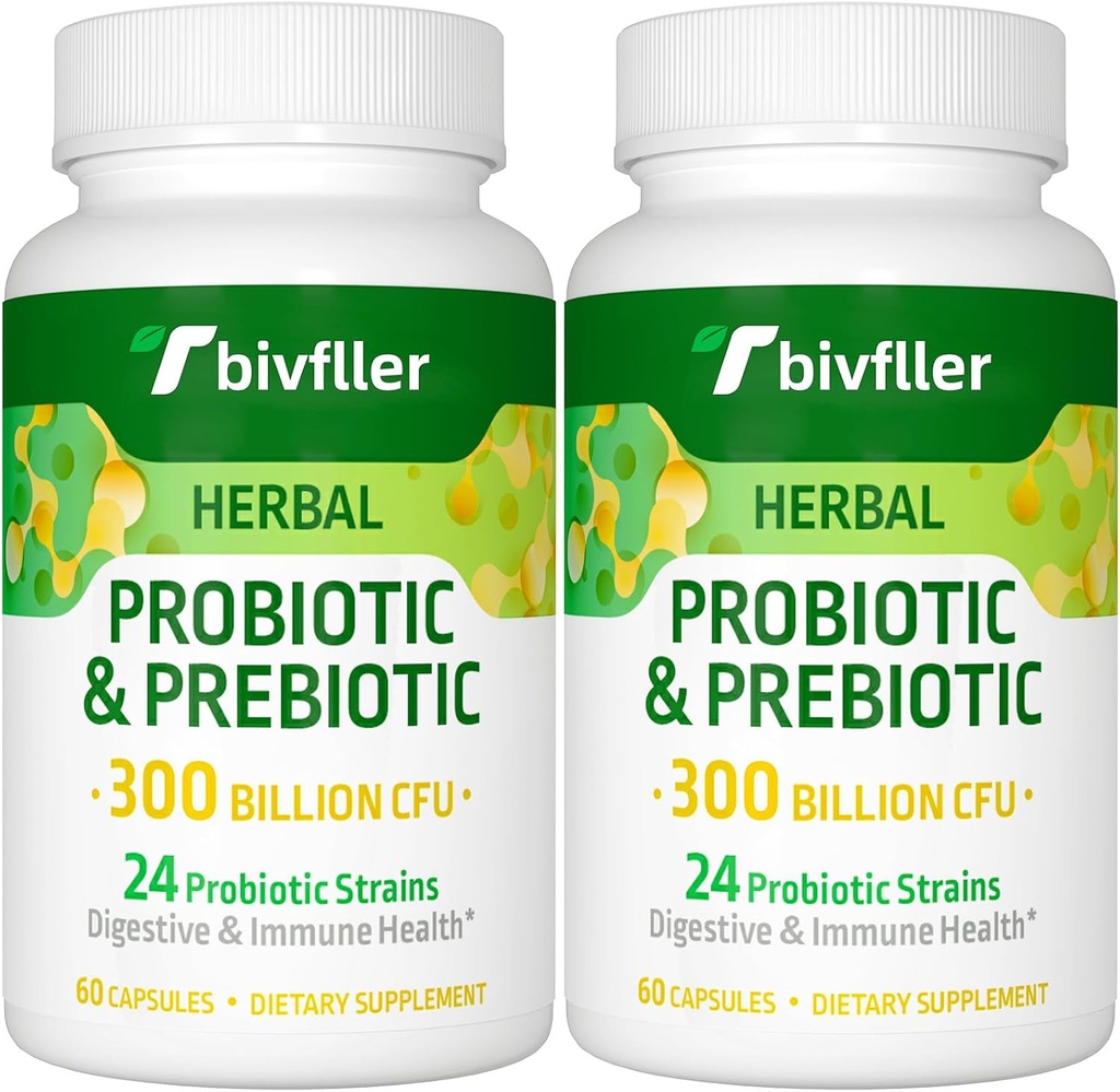 Probióticos para Mujeres Hombre- 300 Billones CFU, 24 Strains Probiótico+15 Hierbas Orgánicas Prebióticos Blend, Pre y Probióticos, para Salud Digestiva, Immune & Gut, Diarrea, Bloating, Vegan, 4 Month Supply