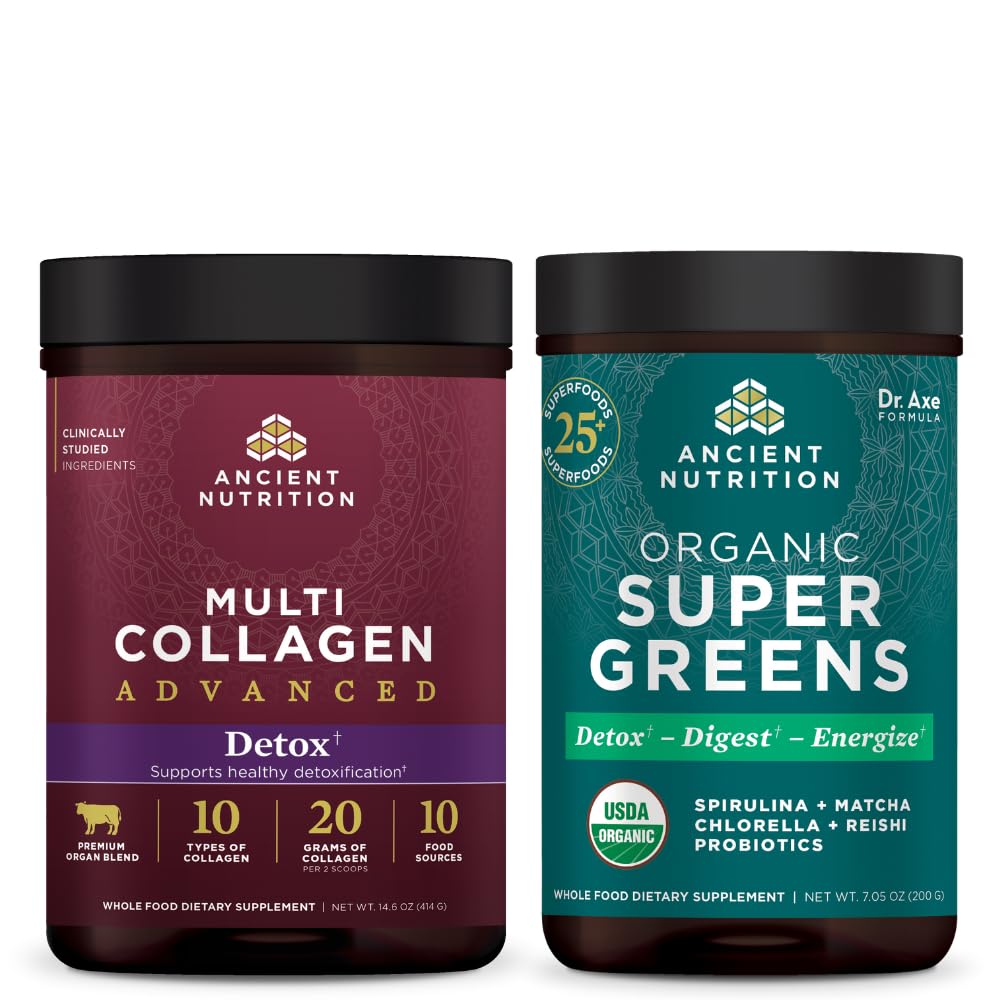 Antigua Nutrición Multi Collagen Advanced Powder Cleanse & Detox, Deflavored, 36 Servings + Orgánico SuperGreens Polvo, Greens Flavor, 25 Servings