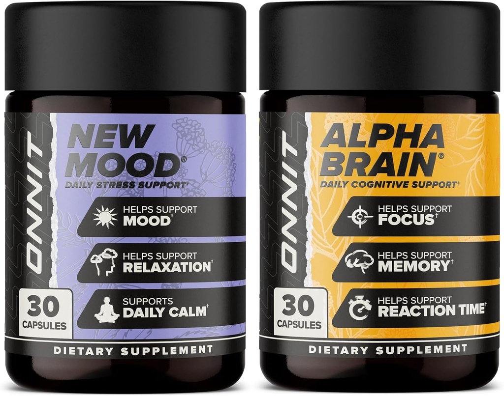 ONNIT Premium Alpha Brain Bundle - Suplemento Nootropic Brain (30 Conde) para Focus, Concentration & Memory + Nuevo Mood Suplemento para Stress Relief, Sleep and Mood (30 Conde)