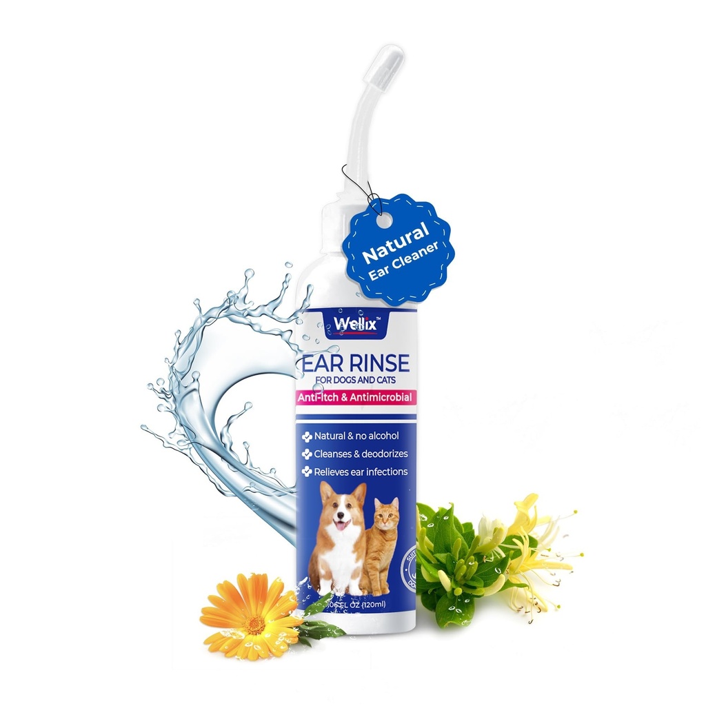 Wellix 120ml Limpiador de oídos para perros &amp; gato - Tratamiento de la infección del oído sin irritación - Lavado del oído del perro para el alivio de la inflamación del calmante - Ear Wax, Polvo y Odor