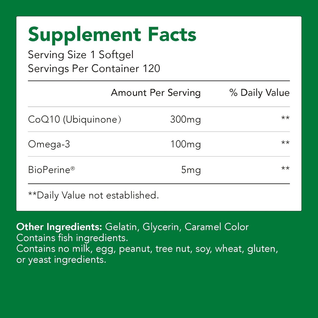 Suplementos, Ubiquinone CoQ10 (Coenzyme Q10) 300 mg, BioPerine (5mg) ← Apoya la salud del corazón, la energía y la absorción (1 Bottle-120 Softgels-2mo Supply)
