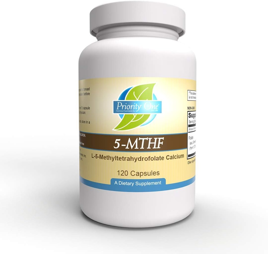 Prioridad 1 Vitaminas 5-MTHF 1mg Folate Suplemento Bioavailable Forma activa Vitamina B9 120 Capsulas vegetarianas [6]-5-Metiltetrahidrofolato Metiltetrahidrofolatación