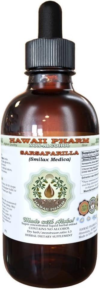 Sarsaparilla Alcohol-Free Liquid Extract, Sarsaparilla (Smilax Medica) Dried Root Glycerite Natural Herbal Suplemento, Hawaii Pharm, USA 2 fl.oz