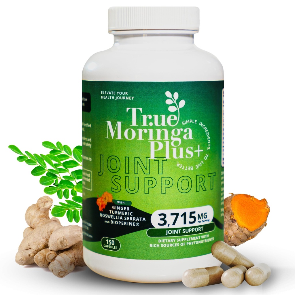 Verdadero Moringa Plus+ Suplemento de Apoyo Conjunto 10:1 Extracto Silencioso 20,000 mg de Moringa Orgánica, Curcumina Turmérica, Ginger, Boswellia, BioPerine peru Extra Strength Herbal Antioxidante para Adultos (150 cápsulas)