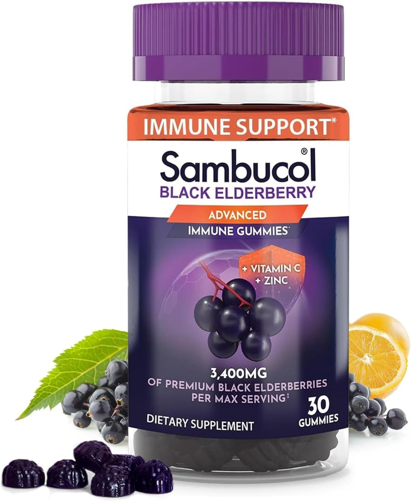 Sambucol Gummies Negro de Elderberry - Elderberry con zinc y vitamina C para adultos, Sambucus Gummies, Immune Support - 30 Condes