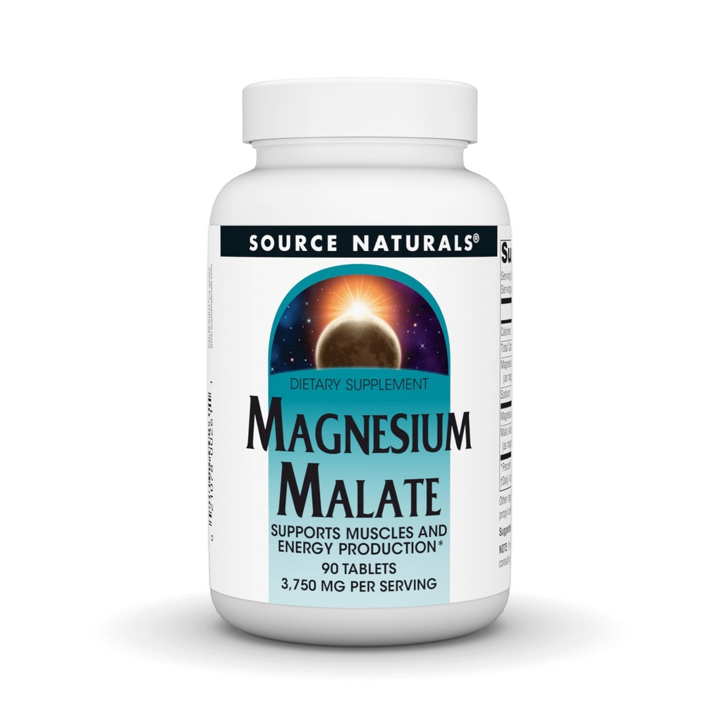 Fuente Naturales Magnesium Malate, apoya músculos y producción de energía*, NonGMO, Suplemento Vegetariano de Magnesio Amistoso, 3.750 MG por Serving - 90 Tablets