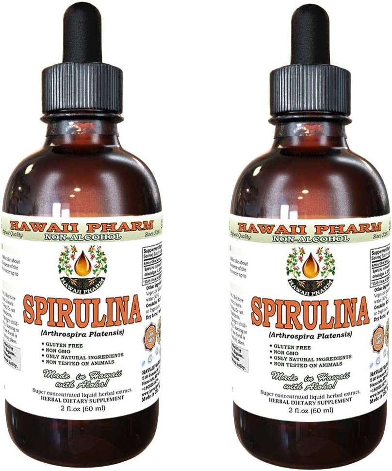 Extracto líquido libre de alcohol Spirulina, Espirulina Orgánica (plaquetas Arthrospira) Dried Algae Glycerite Natural Herbal Suplemento, Hawaii Pharm, USA 2x2 fl.oz