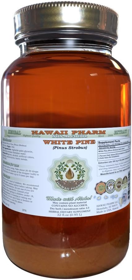 White Pine Alcohol-Free Liquid Extract, White Pine (Pinus Strobus) Dried Bark Glycerite Natural Herbal Suplemento, Hawaii Pharm, USA 32 fl.oz
