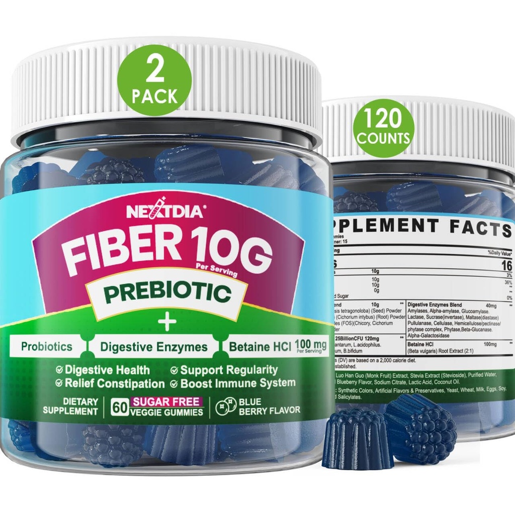 Gummies de fibra para adultos, azúcar gratis 10g Suplemento de fibra prebiótica con enzimas digestivas, probióticos &amp; 100 mg Betaine para el movimiento digestivo " Gut Health and Regulate Bowel, Vegan, Gelatin Gratis,120ct