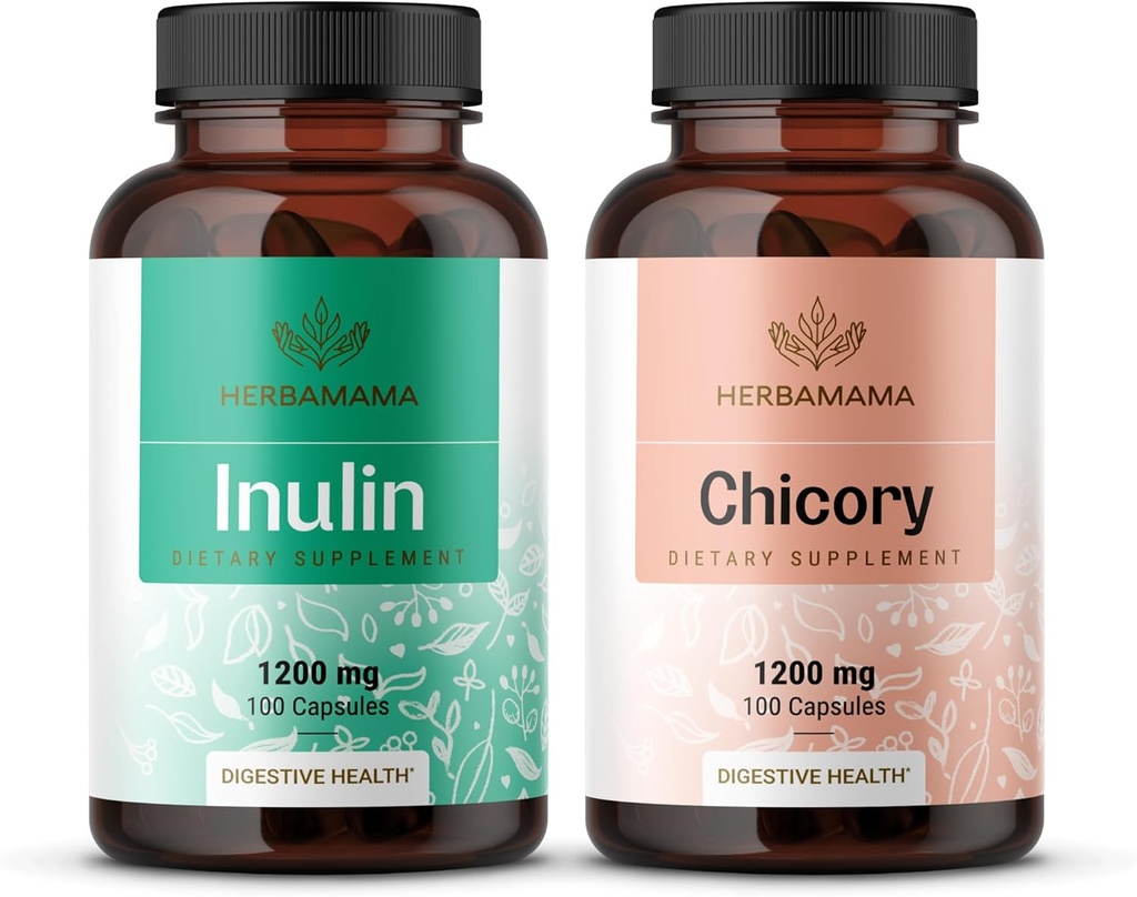 HerBAMAMA Inulin and Chicory Kit - Bundle of 1200 mg Inulin Fiber & 1200 mg Chicory Root Capsules - Vegan, Non-GMO, Gelatinl-Free - 2 Pack