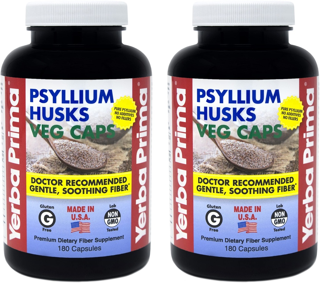 Yerba Prima Psyllium Husks Veg Caps - 180 Conde (2 Pack) (625mg) - Vegan, No GMO, Gluten Free, Colon Cleanser, Daily Fiber Supplement for Gut Health & Regularity
