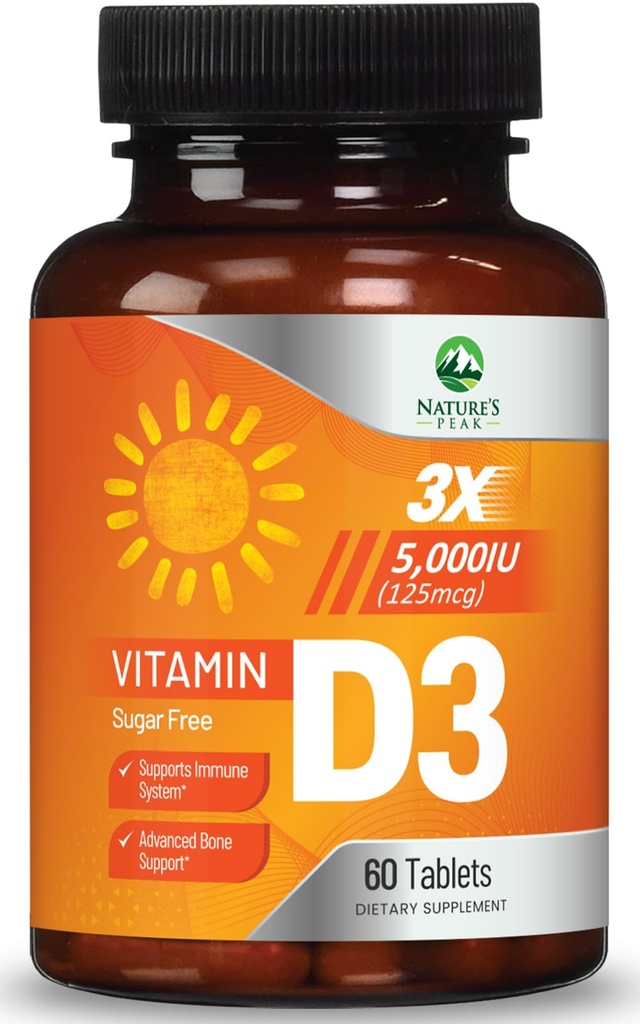 Vitamina D3 5000iu (125 mcg) Apoyo a la salud inmune - Suplemento dietético de alta potencia Vitamina D para el hueso, dientes, musculo - VIT de la naturaleza, vegano, sin gluten, sabor a frambuesa - 60 tabletas chewable