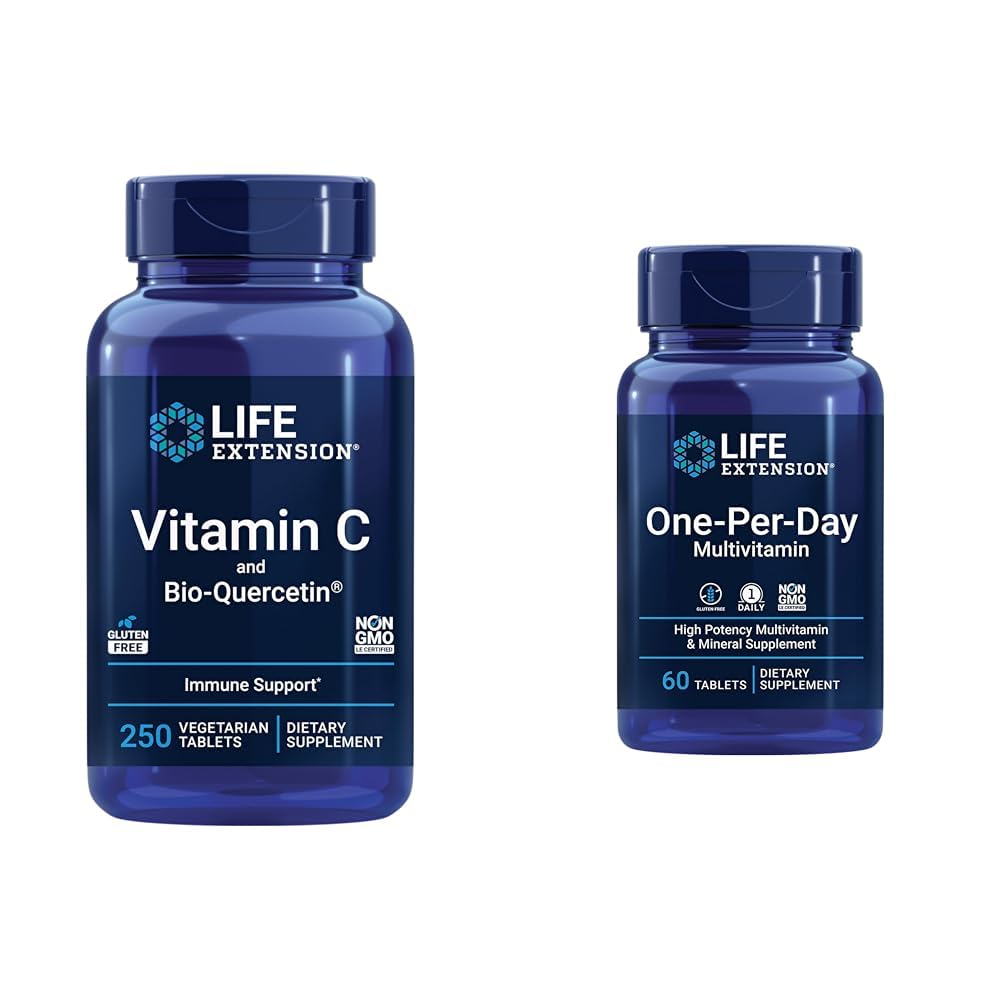 Extensión de la vida Vitamina C &amp; Quercetina Phytosome Plus Multivitamina con 25+ Vitaminas, Minerales & Extractos - 250 Tabletas, 60 Tabletas