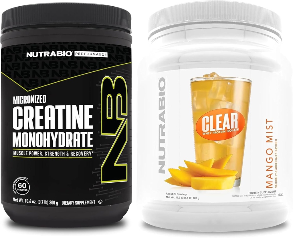NutraBio Creatine Monohydrate, Unflavored, (300 g) y Clear Whey Protein Isolate, (Mango Mist) Suplemento Bundle – Muscle Energy, Maximum Growth, Recovery, and Strength