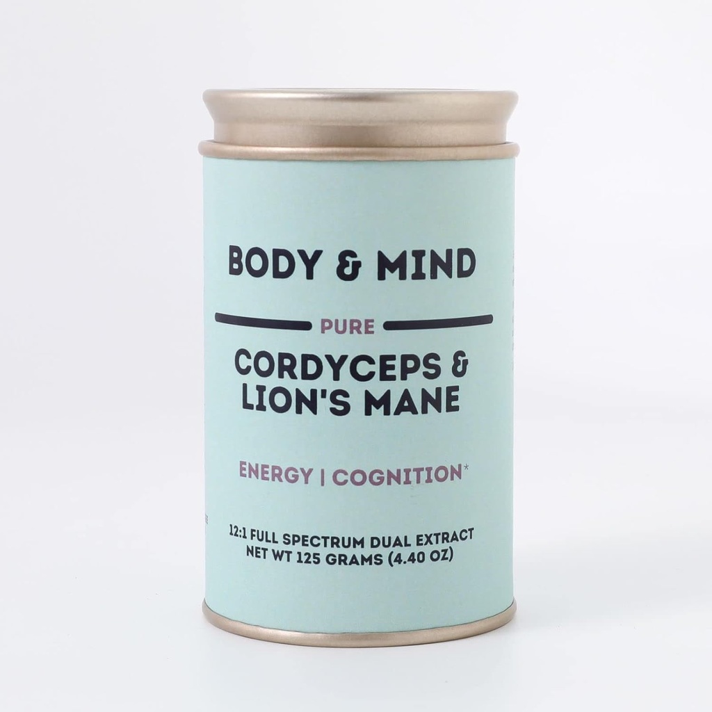 Cuerpo y mente - Puro León Orgánico Mane &amp; Cordyceps Mushrooms 12:1 Dual Extract - Focus, Cognition, Energy, Endurance - 100% Fruiting Bodies - Add to Water/Tea/Coffee/Smoothies - 125 Grams