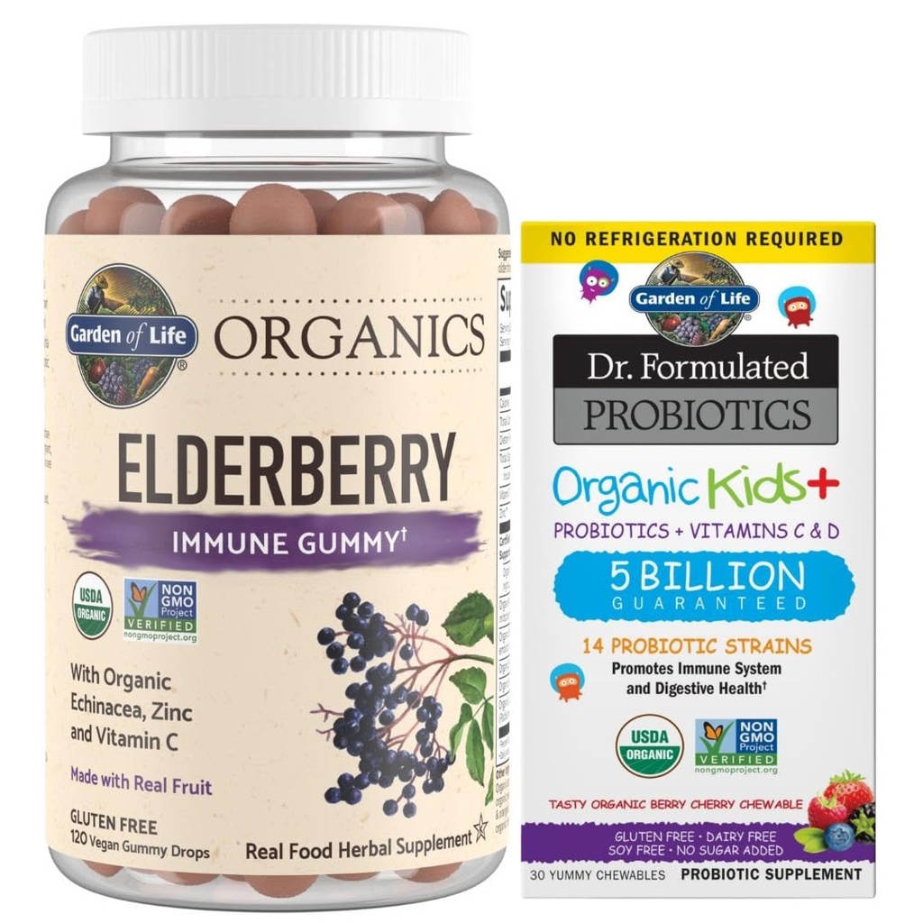Garden of Life Organics Elderberry Gummies for Adults &amp; Kids - Immune Support Supplement " Dr. Formulated Probiotics Organic Kids+ Plus Vitamin C " D - Berry Cherry