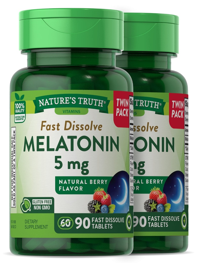 La verdad de la naturaleza Melatonin 5 mg  180 Fast Dissolve Tablets (2 X 90 Twin Pack) Silencio Natural Berry Flavor ANTE Vegetarian, Non-GMO, Gluten Free Supplement