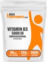 BulkSupplements.com Vitamina D3 Powder - Cholecalciferol, Suplementos de vitamina D, 5000 UI - Gluten Gratis, 50 mg (125 mg de vitamina D3) por Serving, 250g (8.8 oz) (Pack of 1)