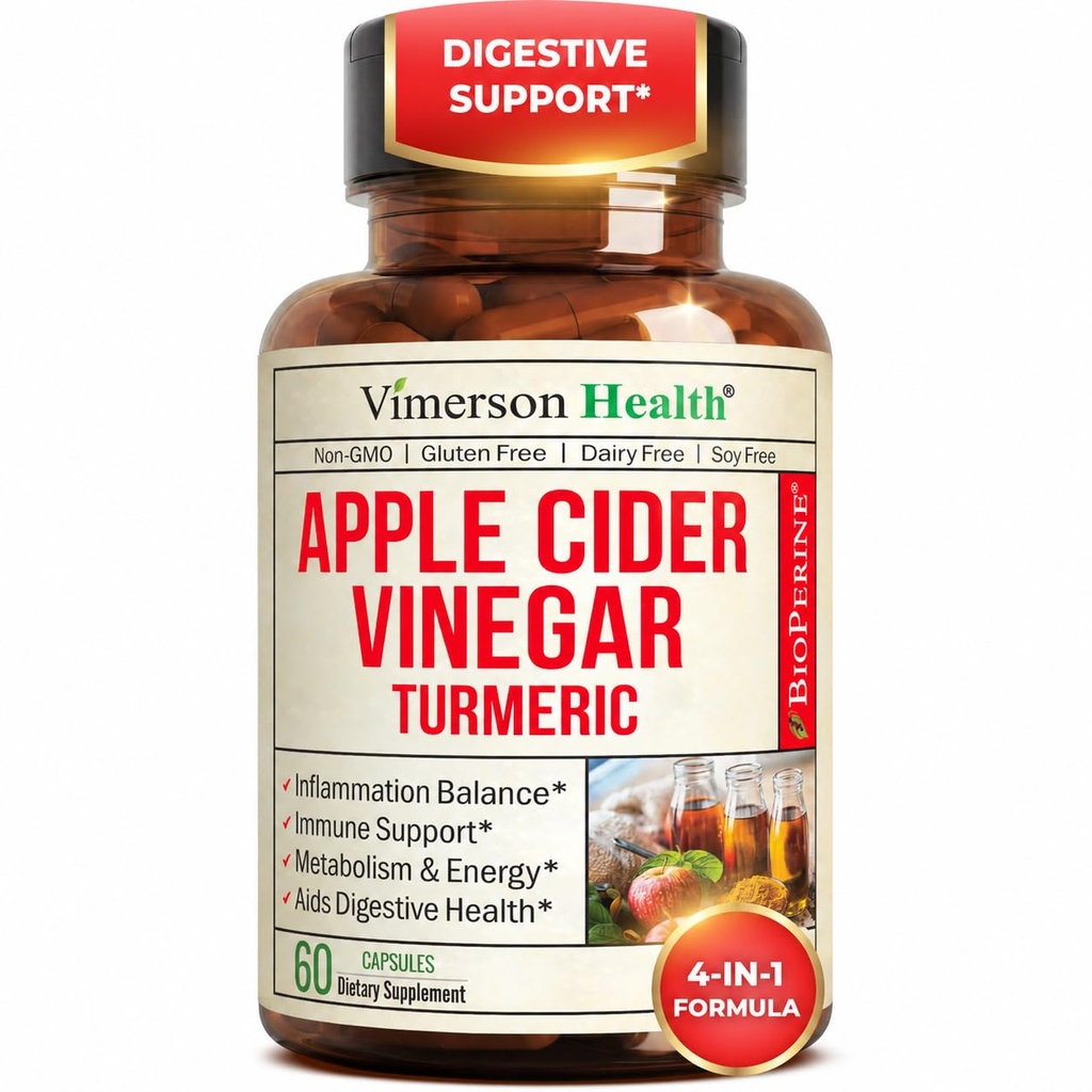 Vinagre de la sidra orgánica de Apple con suplemento de la curcumina tormérica &amp; jengibre para la salud digestiva, metabolismo, energía &amp; soporte conjunto - Turmeric orgánica &amp; cápsulas de vinagre de la sidra de Apple.