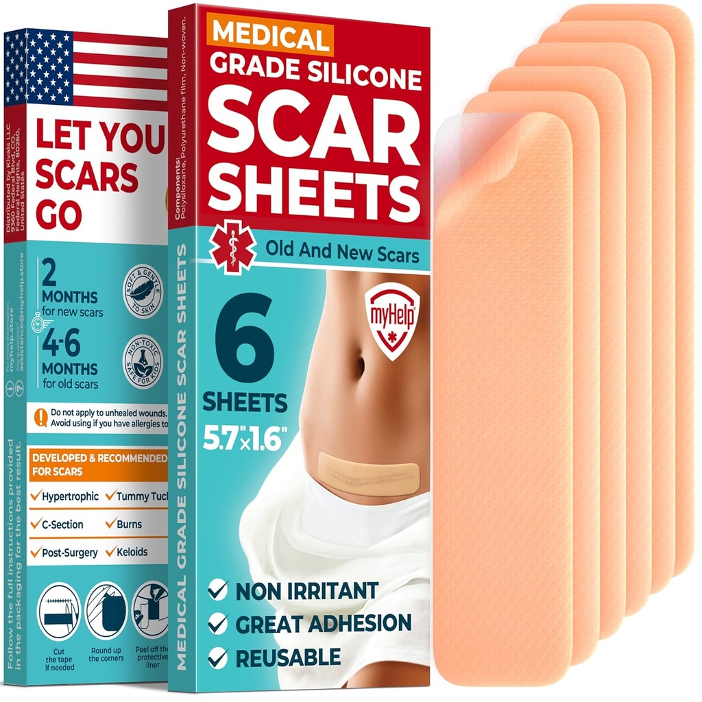 Sábanas de silicona de grado médico - 6pk (5.7”x1.6”) - Diferencia visible en las marcas quirúrgicas de silicona de silicona resistente a la sección C - Fajas de silicona fáciles de usar