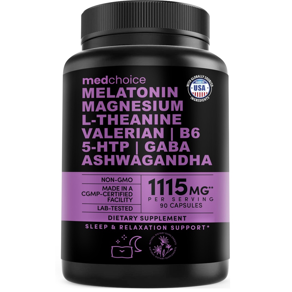 12-en-1 Melatonina cápsulas de sueño - Ayudas naturales para el sueño para adultos con Melatonina 5 mg y Magnesium Glycinate 500mg, Ayuda para el sueño con Ashwagandha, L Theanine, Valerian Root, GABA, 5-HTP (90ct, Pack de 1)
