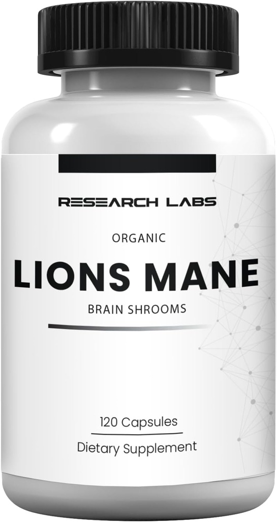 Laboratorios de investigación Suplemento de mane de leones orgánicos cápsulas, 120 cápsulas w/Patent LitropaneTM, Immune System Booster & Nootropic Brain Support Suplemento de setas. 10X Extracto comparable a 18.000 mg