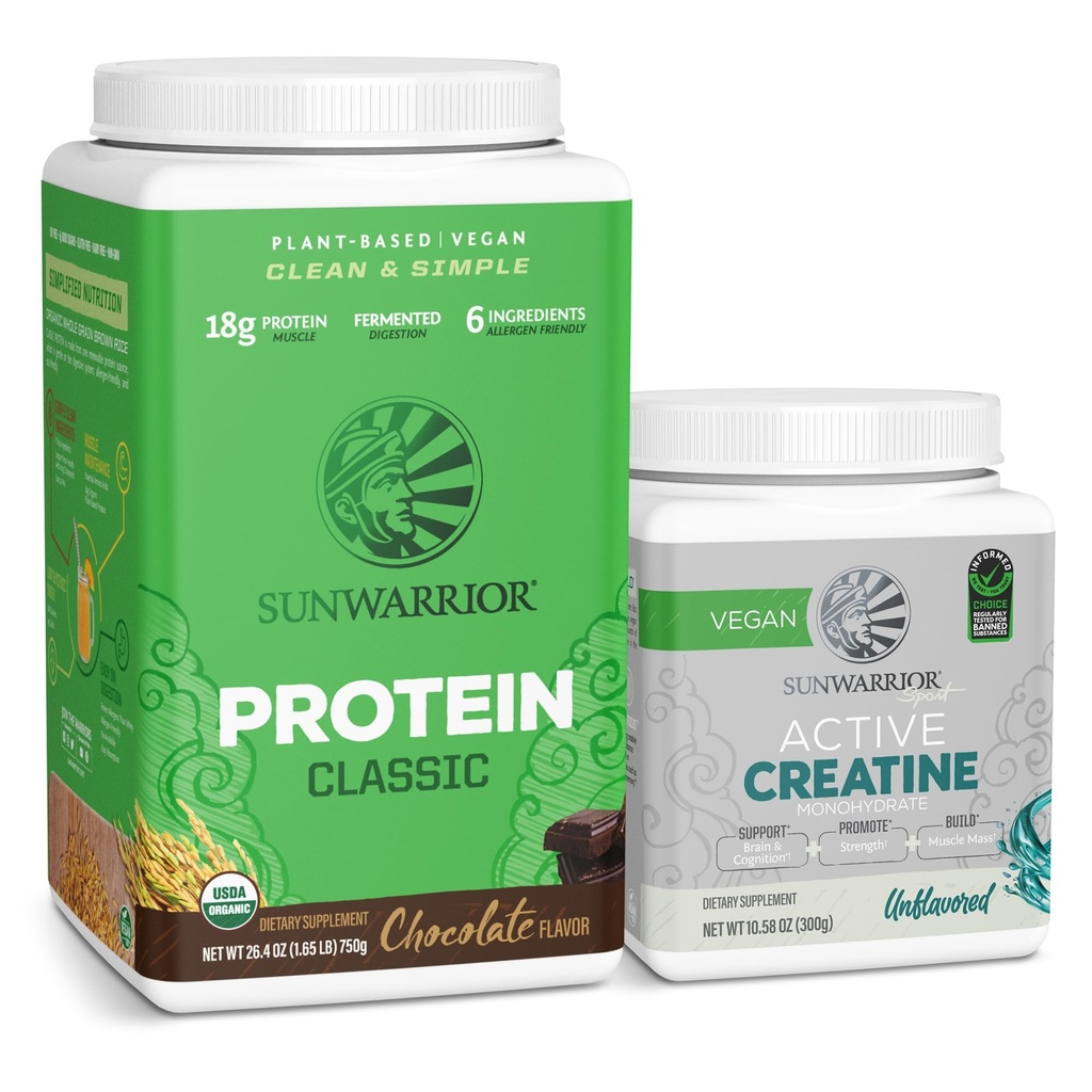 Sunwarrior Brown Rice Protein Powder Plant-Based TEN Chocolate 30 Servimientos & Creatine Monohydrate Powder ← Micronized Desflavored, 60 Servimientos