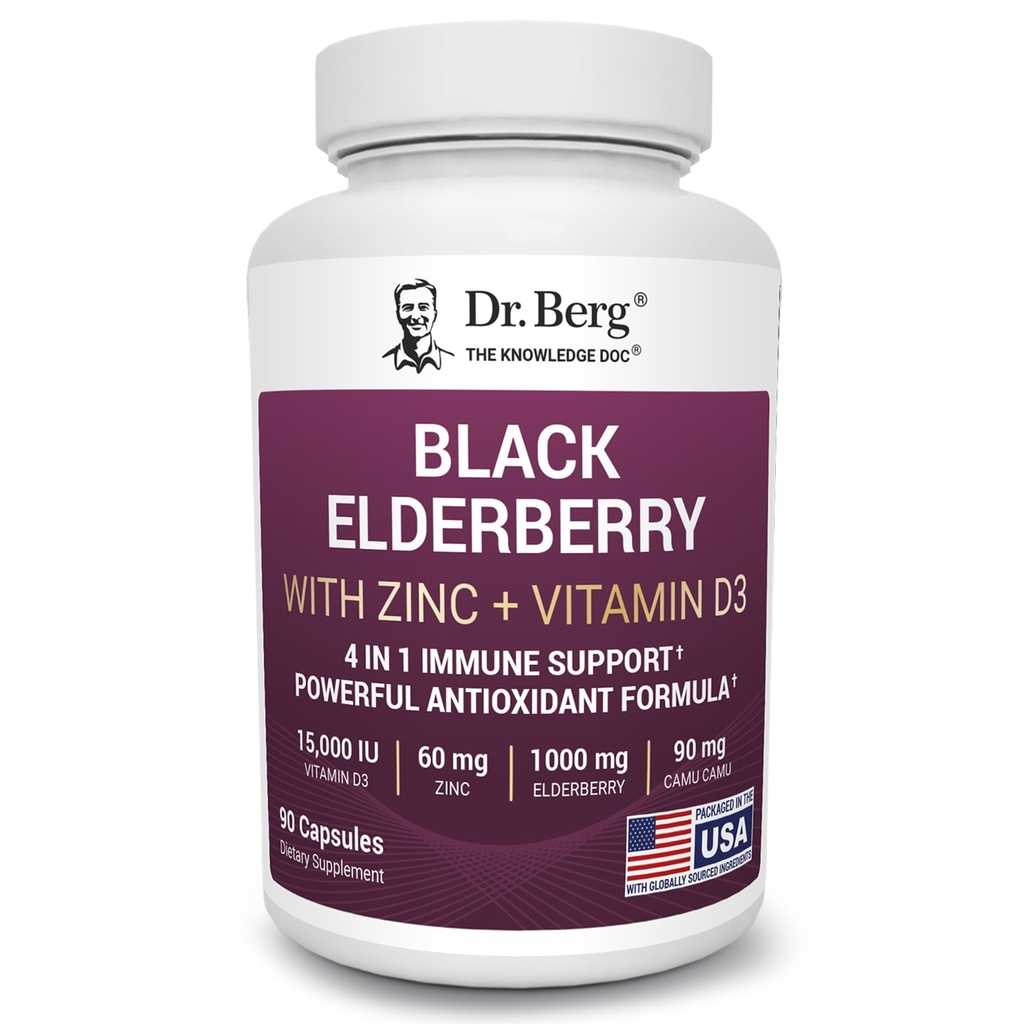 Dr. Berg Black Elderberry Capsules (Advanced Immune Support*) con 15,000 IU Vitamina D, 60 mg de Zinc, " 90 mg de Camu Camu - (4-in-1) Sambucus Elderberry Immune Support Suplemento - 90 cápsulas