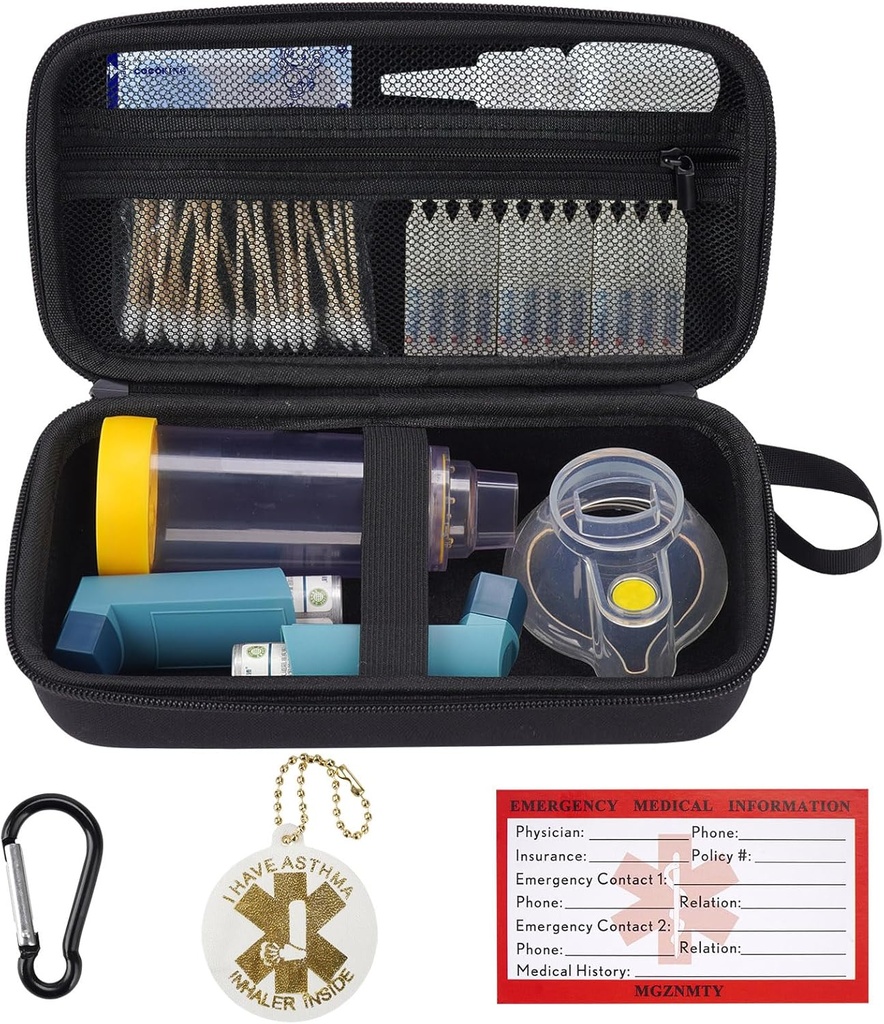MGZNMTY Travel Carrying Case Compatible con Asthma Inhaler Spacer para adultos y niños, Máscaras, Inhaler Holder with Asthma Alert Tag and Medical Card, Carabiner (Only Case) (Black)