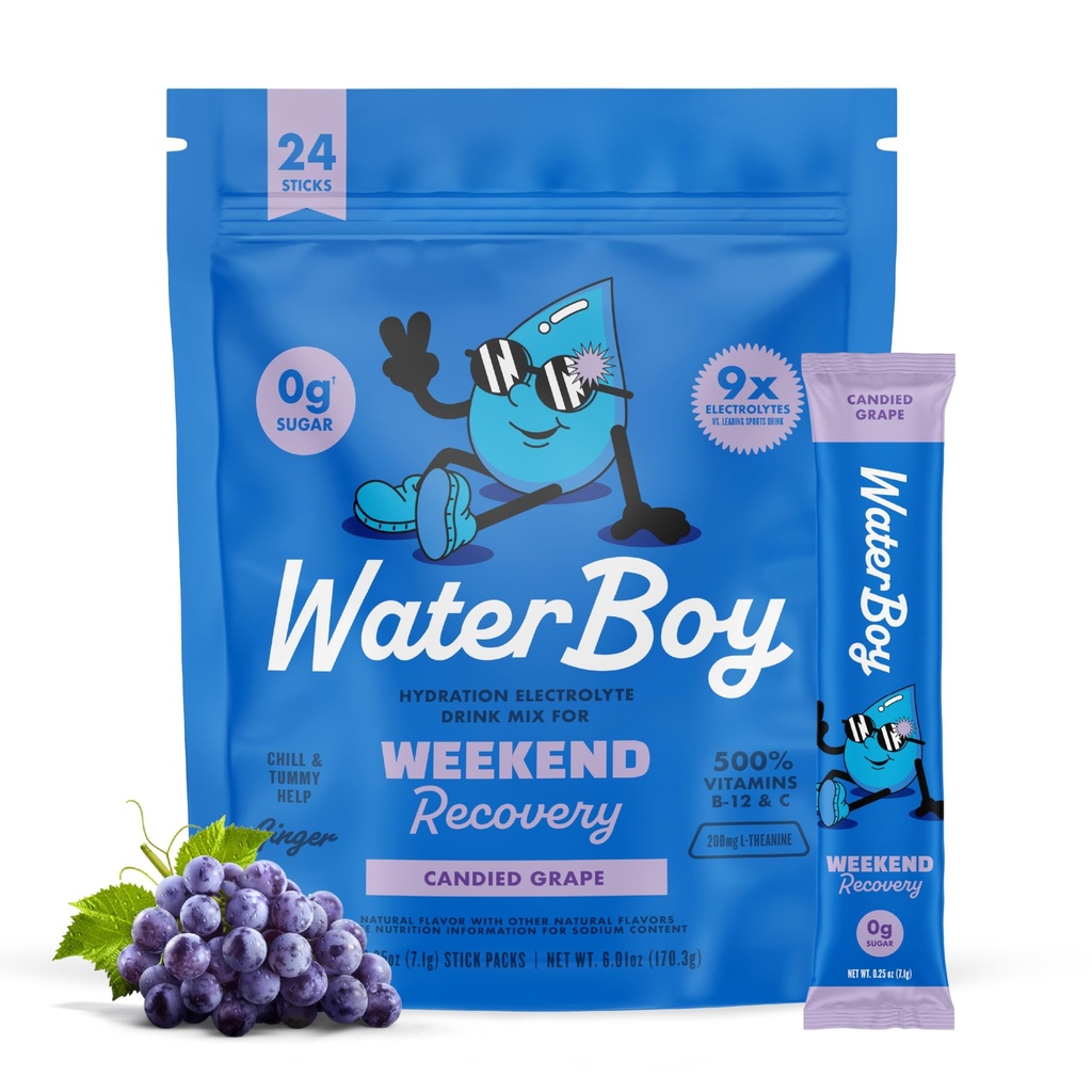 Waterboy Weekend Recovery ← 3,187mg Electrolyte Powder Packets  Ginger + L-Theanine + Vitamins peru No Sugar, All Natural, Gluten Free ← 24 Drink Stick Mixes (Grape)