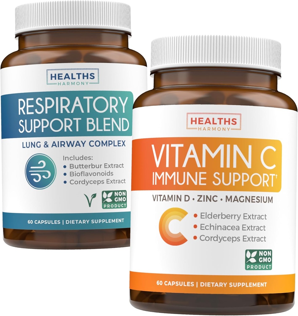 Respiratorio &amp; Vitamina C (1-Month Supply) Breath Easy Bundle - Respiratory Support Deep Lung Cleanse for Airway Health (60 Caps) & Vitamina C Immune Support Suplemento - Immunity Boost Blend (60 Caps)