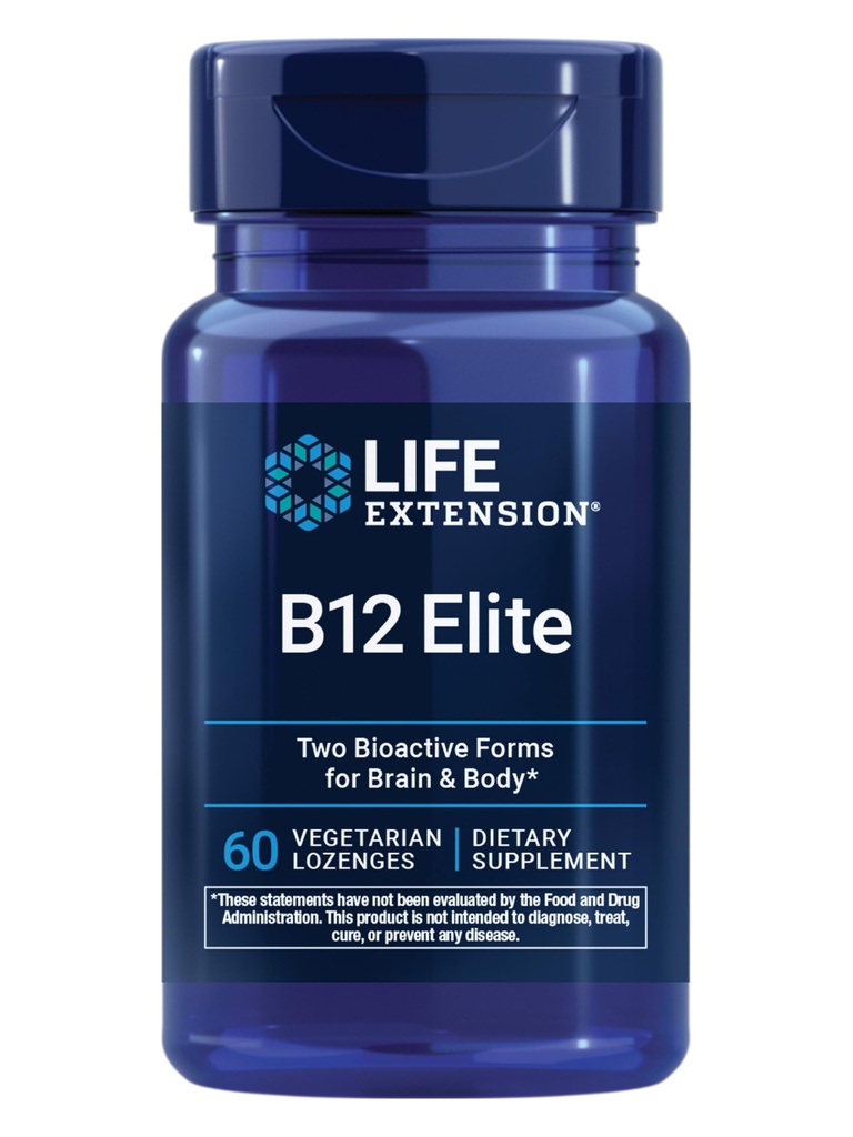 Extensión de vida B12 Elite, adenosylcobalamin, metilcobalamina, dos formas activas para la producción de dopamina, no Gluten-Free, Vegetariano, 60 lozenges