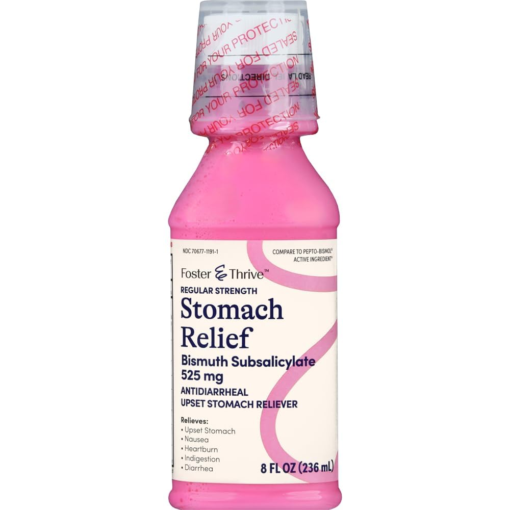 Foster " Thrive Stomach Relief Liquid for Nausea, Heartburn, Indigestion, Upset Stomach, and Diarrhea - Fast Relief for 5 Symptoms, Antidiarrheal, Bismuth Subsalicylate 525 mg, Original, 8 Oz