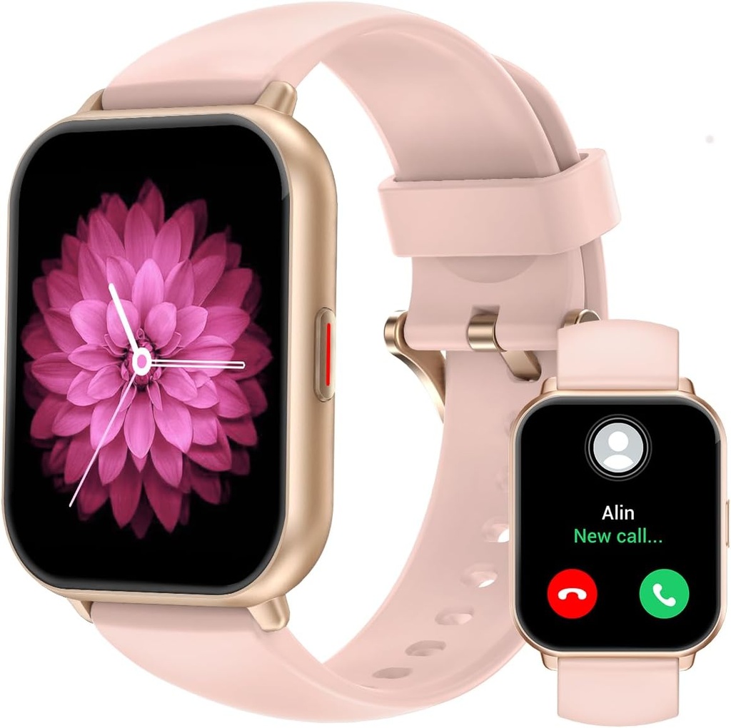 Relojes inteligentes RUIMEN para hombres mujeres (llamadas Amberes/Make, 2 bandas incluidas), 1.8" Smartwatch para teléfonos iOS/Android, Fitness Tracker Heart Rate/Sleep Monitor Digital Watch Waterproof Pink