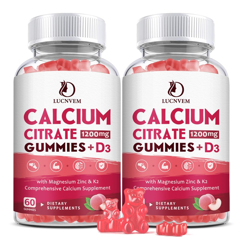(2 Pack) Citrato de calcio 1200 mg con vitamina D3 Suplementos Gummies para Hombres de Mujeres, Gummies de Calcio con Vitamina D3 K2, Alta Absorción para Musculo de Hueso Healthy- Peach Flavor- 60 Day Supply