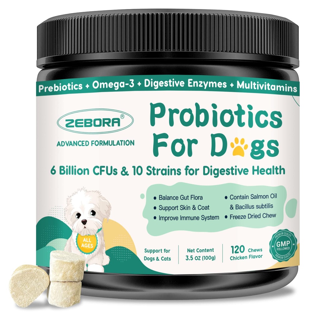 Probióticos para perros Salud Digestiva, Probióticos Perros y Enzimas Digestivas, Prebióticos, Omega-3 &amp; 6 y Vitamina para Perros, 6 Billones CFUs para Gut Health y Soporte Inmunitario, 120 Chews