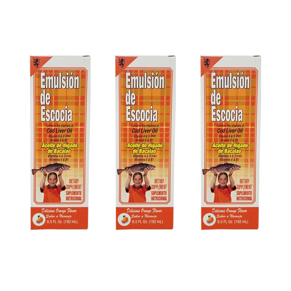 Emulsion de Escocia. Cod Liver Oil Suplemento dietético. Rica en vitaminas A, D, E y B1. 6.5 Fl.Oz / 192 mL. Paquete de 3
