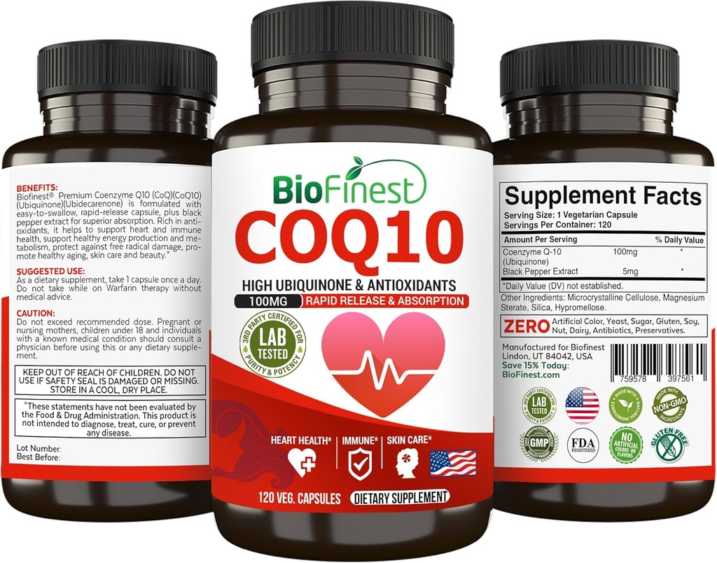 BioFinest CoQ10 Coenzyme Q10 100mg Suplemento - Rapid Release Fast Absorption - Immune Heart Energy Antioxidant (120caps)