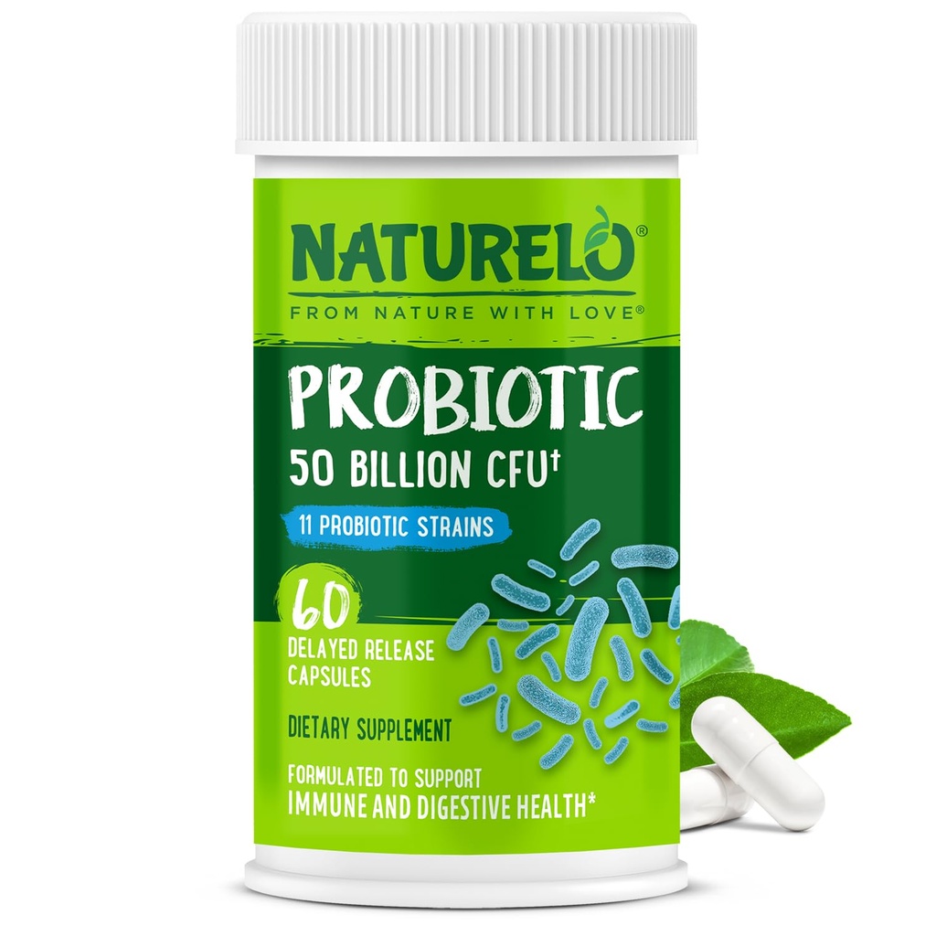 NATURELO Probiotics for Digestive Health, 50 Billion CFU, 60 Vegetarian Capsules, 11 Strains, Daily Use Supplement, Delayed Release, No-Fridge, Boosts Immune System, Probiotics for Women & Men