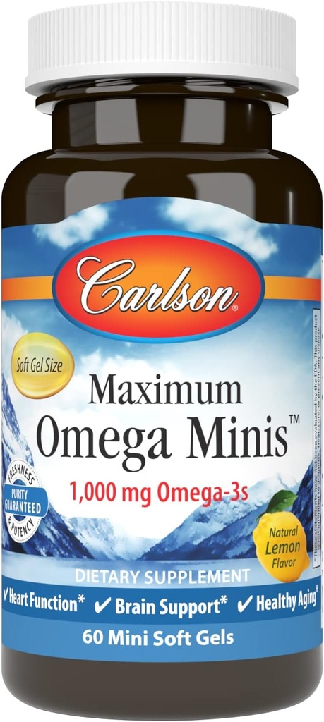 Carlson - Máximo Omega Minis, 1000 mg Omega-3, Función cardíaca, Apoyo cerebral " Envejecimiento saludable, Lemon, 60 Mini Softgels