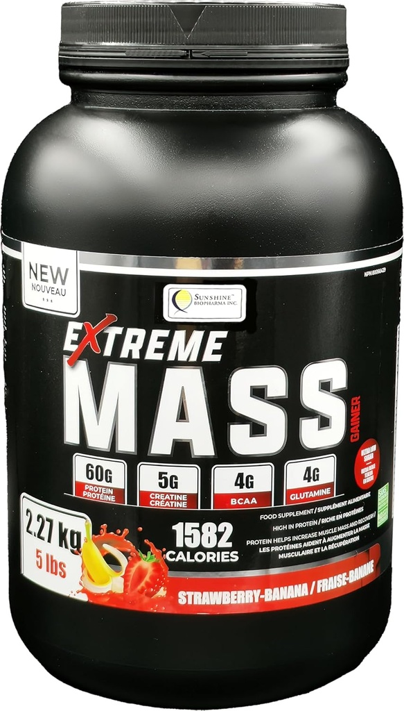 Extreme Mass Gainer Muscle Builder, 5 lb (2.27 kg) Calorias bajas de azúcar altas para entrenamientos intensos (Strawberry-Banana)