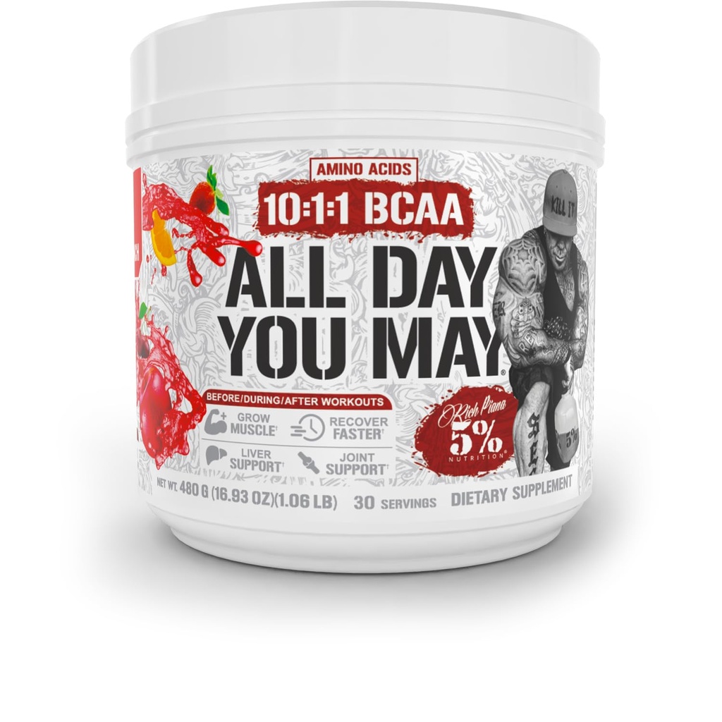 5% Nutrición Rich Piana AllDayYouMay BCAA Powder ← Premium Intra " Post Workout Amino Acidos, Hidratación, Resistencia, Recuperación del Musculo, Apoyo Conjunto " Liver TEN 16.93 oz, 30 Servings (Fruit Punch)