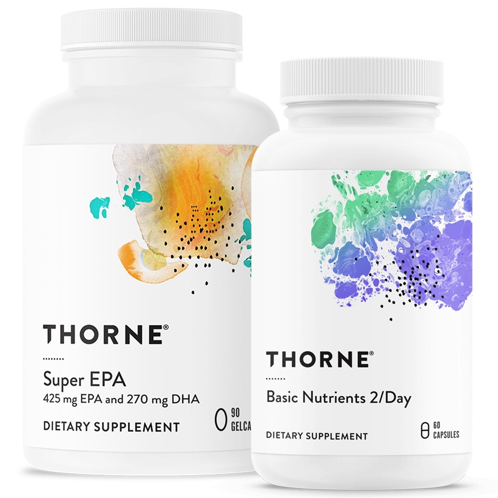 THORNE - Wellness Essentials Bundle - Omega-3 " Multivitamin Combo - Super EPA " Basic Nutrients 2/Day - 30 Servings