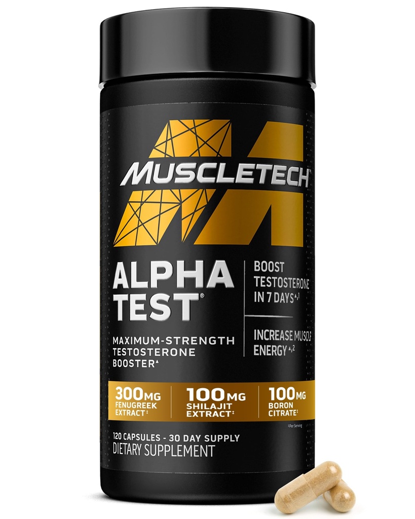 MuscleTech Testosterone Booster para Hombres, AlphaTest - T-Boost Mens Suplemento con Tribulus Terrestris " Boron - Daily Hombre Gym Workout Suplementos para el crecimiento muscular, resistencia " Energía - 120 pastillas