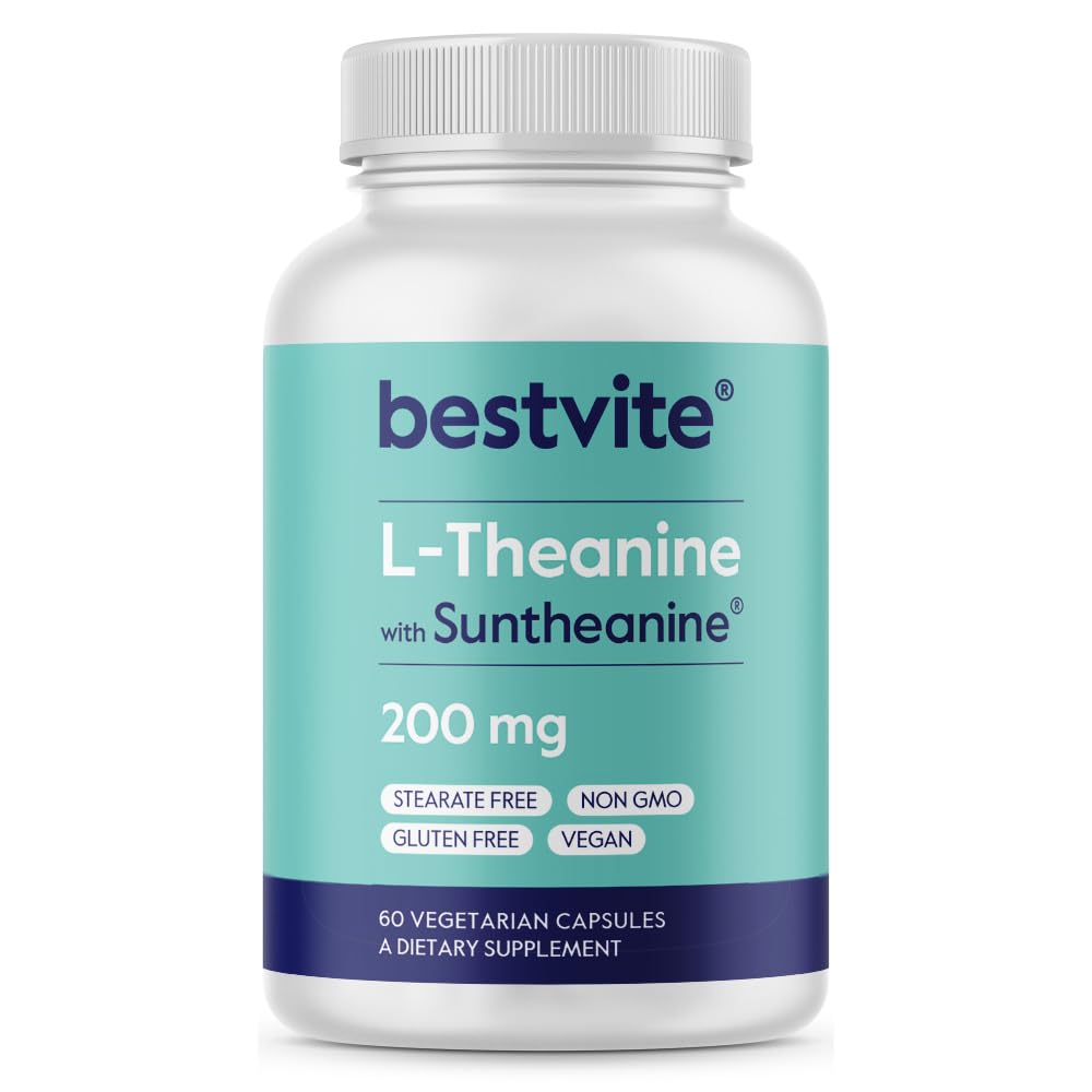 BESTVITE Double Strength Suntheanine L-Theanine 200mg – Patented & Clinically Studied – 60 cápsulas vegetarianas – Vegan – No Stearates – Non GMO – Gluten Free – Relax Support