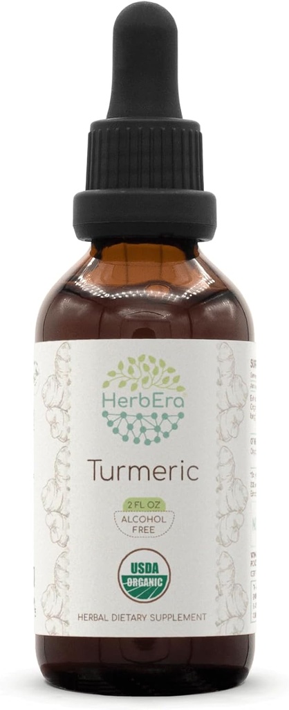 HerbEra Turmeric B60 USDA Organic Tincture ← Extracto libre de alcohol, gotas herbales de alta potencia ← Certified Organic Turmeric (Curcuma Longa) Root seco (2 oz)