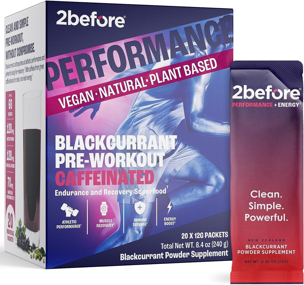 2before All Natural Vegan Pre Workout, with 120mg Caffeine I Clean Energy, Endurance, Recovery I Pre Workout Mujeres y Hombres I 20 x Individual Packets I Informed Sports Certified I Blackcurrant
