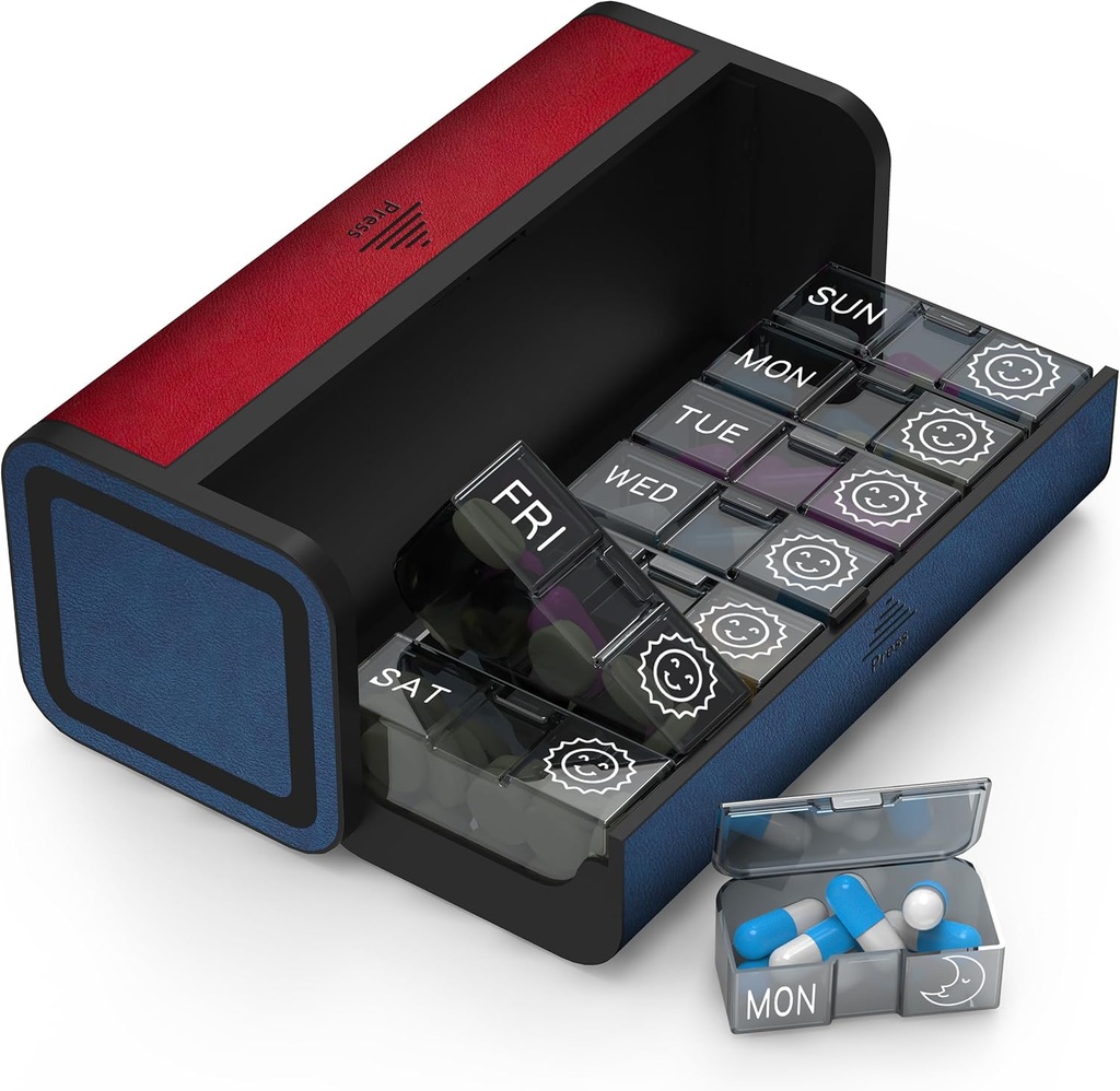 Pill Organizer 2 veces al día, Am Pm Twice Daily Pill Case, Detachable Large Travel Pill Box 7 Day, Weekly Pill Container for Vitamin Medicine Supplement Fish Oil (Red and Blue)