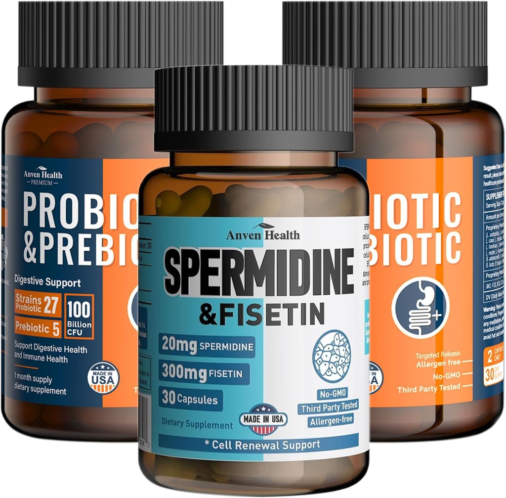 Gut Health " Anti-Aging Bundle: 2 Botellas de 100 Probióticos de billón + 1 Botella de Spermidine & Fisetin para soporte digestivo, longevidad & envejecimiento saludable