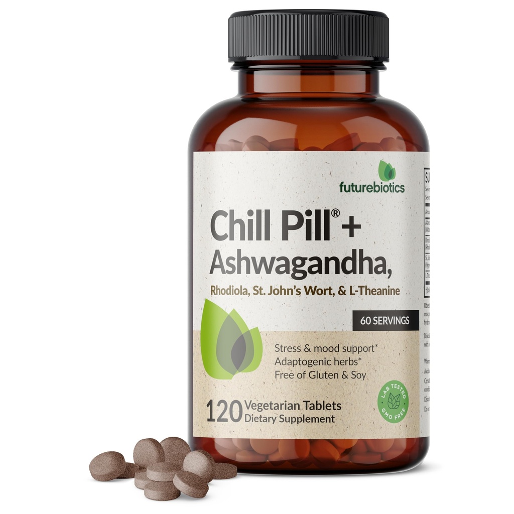 Futurobióticos Chill Pill + Ashwagandha, Rhodiola, St. John’s Wort, " L-Theanine - Non-GMO, 120 Vegetarian Tablets